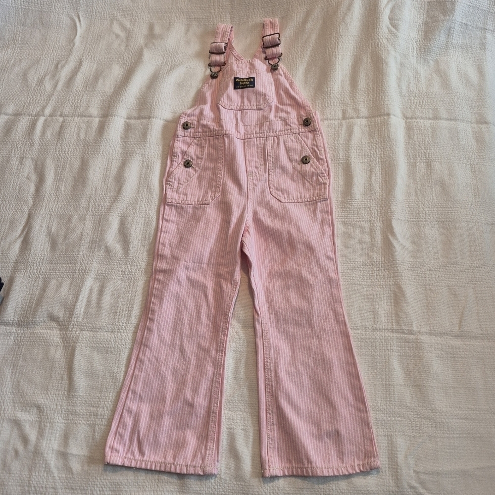 Oshkosh girls 4T hickory stripe pink & white overalls, EUC